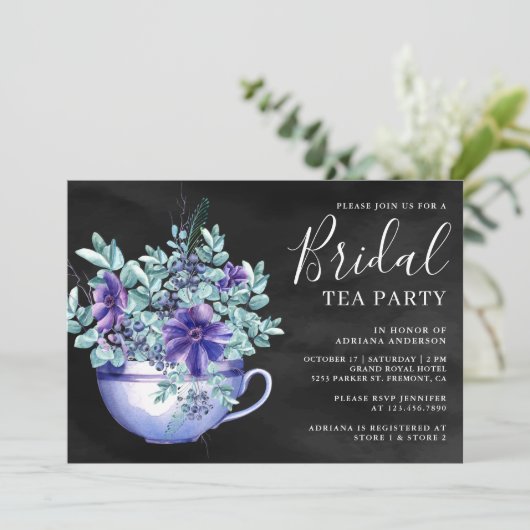 Paarse Aquarel Anemonen Zwarte Bruilofts Theeparti Kaart (Staand voorkant)