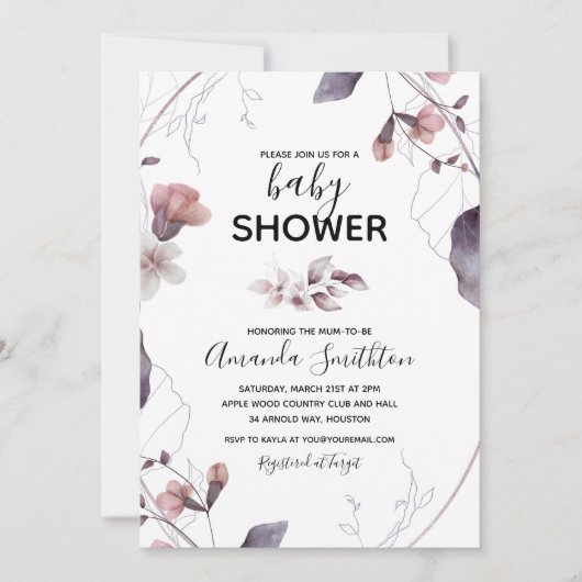 Paarse Aquarel Bloemen Baby Shower Uitnodiging (Voorkant)