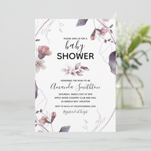 Paarse Aquarel Bloemen Baby Shower Uitnodiging (Staand voorkant)