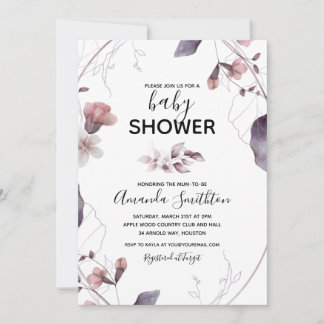 Paarse Aquarel Bloemen Baby Shower Uitnodiging