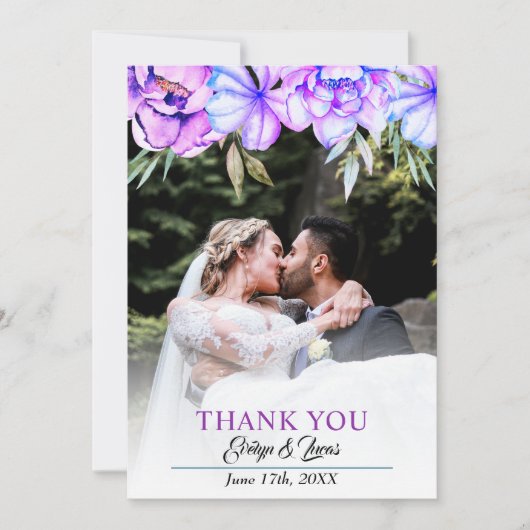 Paarse aquarel bloemen bloemrijke herfst bruiloft bedankkaart (Voorkant)