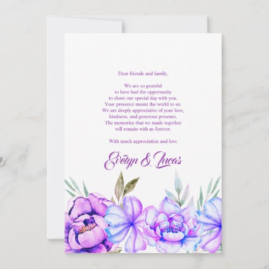 Paarse aquarel bloemen bloemrijke herfst bruiloft bedankkaart (Achterkant)