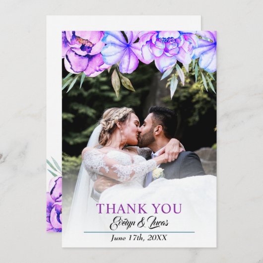 Paarse aquarel bloemen bloemrijke herfst bruiloft bedankkaart (Voorkant / Achterkant)