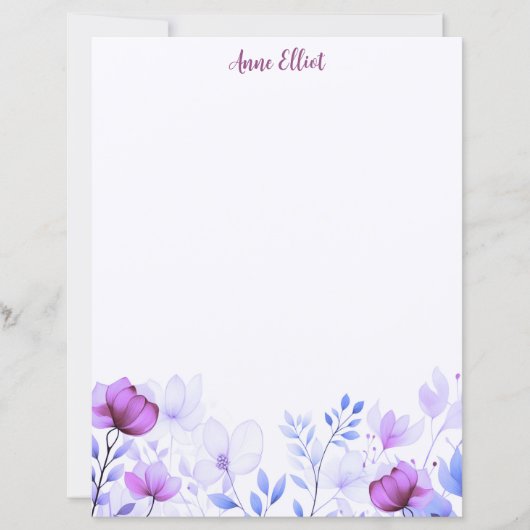 Paarse Aquarel Bloemen Briefpapier (Voorkant)