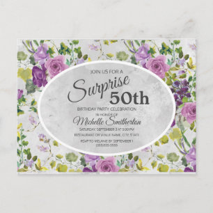 Paarse Aquarel Bloemen en Bladeren 50e Verjaardag Briefkaart