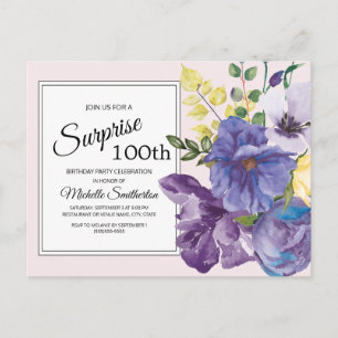 Paarse Aquarel Bloemen op Roze 100e Verjaardag Briefkaart