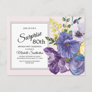 Paarse Aquarel Bloemen op Roze 80ste Verjaardag Briefkaart