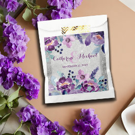 Paarse Aquarel Bloemen & Zilver Glitter Bruiloft Bedankzakje
