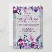 Paarse Aquarel Bloemen & Zilver Glitter Bruiloft Kaart (Voorkant)
