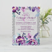 Paarse Aquarel Bloemen & Zilver Glitter Bruiloft Kaart (Staand voorkant)