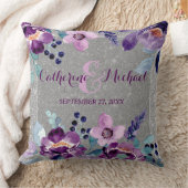 Paarse Aquarel Bloemen & Zilver Glitter Bruiloft Kussen (Deken)