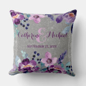Paarse Aquarel Bloemen & Zilver Glitter Bruiloft Kussen (Voorkant)