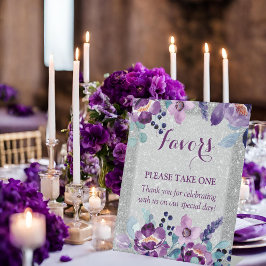 Paarse Aquarel Bloemen & Zilver Glitter Bruiloft Reclamebord Met Voetstuk