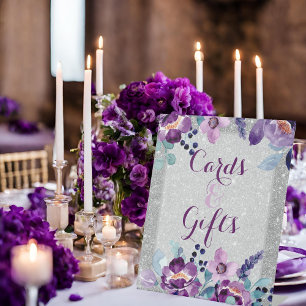 Paarse Aquarel Bloemen & Zilver Glitter Bruiloft Reclamebord Met Voetstuk