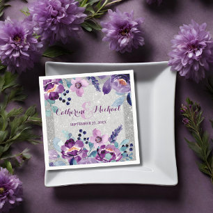Paarse Aquarel Bloemen & Zilver Glitter Bruiloft Servet