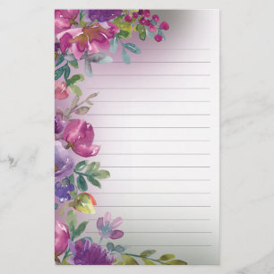 Paarse Aquarel Bloemige Bladnatuur Gelinieerde Sta Briefpapier