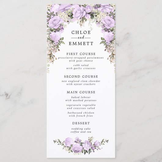 Paarse Aquarel Bloemige Bruiloft Menu (Voorkant)