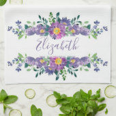 Paarse aquarel bloemstuk gepersonaliseerd theedoek (Gevouwen)