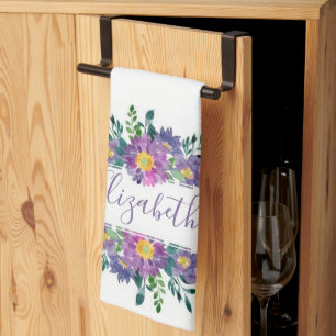 Paarse aquarel bloemstuk gepersonaliseerd theedoek