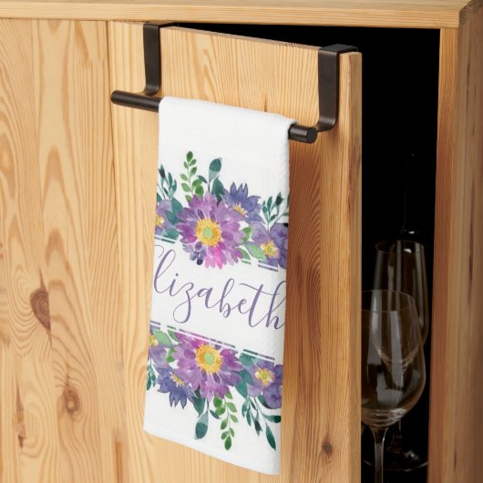 Paarse aquarel bloemstuk gepersonaliseerd theedoek (Derde Gevouwen)