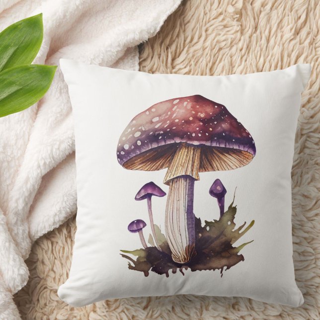 Paarse Aquarel Bos Paddenstoel Cute Rustiek Kussen (A cute, whimsical purple watercolor mushroom to add Cottagecore charm to your country or city home!)