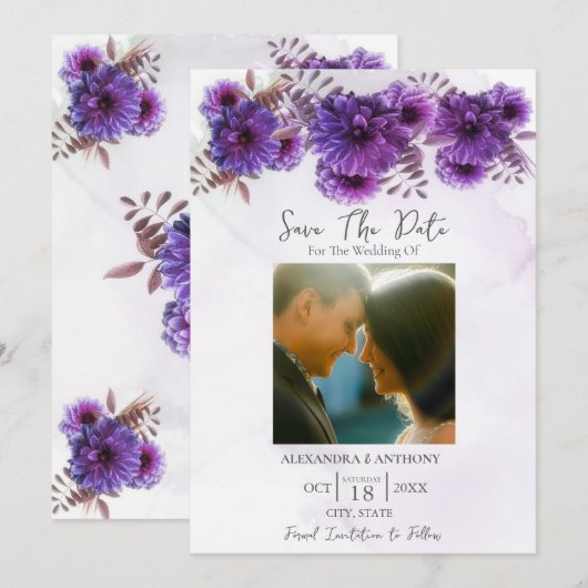 Paarse Aquarel Chrysanthemum Save The Date (Voorkant / Achterkant)