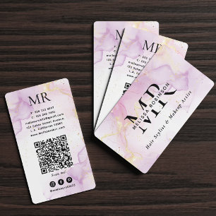 Paarse Aquarel & Gouden Glitter Monogram QR-code Visitekaartje