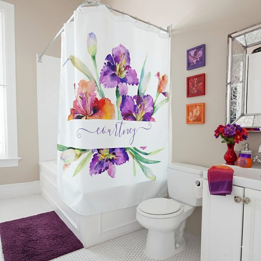 Paarse aquarel Iris gepersonaliseerd Douchegordijn
