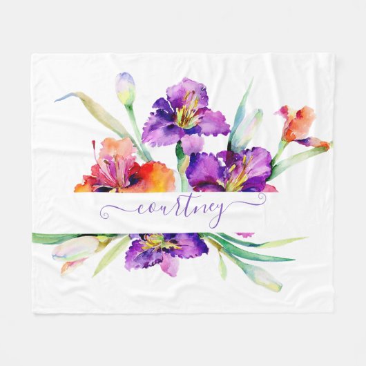 Paarse aquarel Iris gepersonaliseerd Fleece Deken (Voorkant (Horizontaal))
