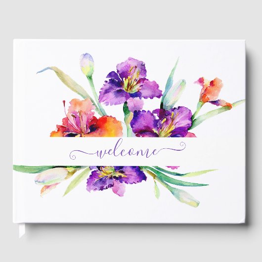 Paarse aquarel Iris gepersonaliseerd  Gastenboek (Voorkant)