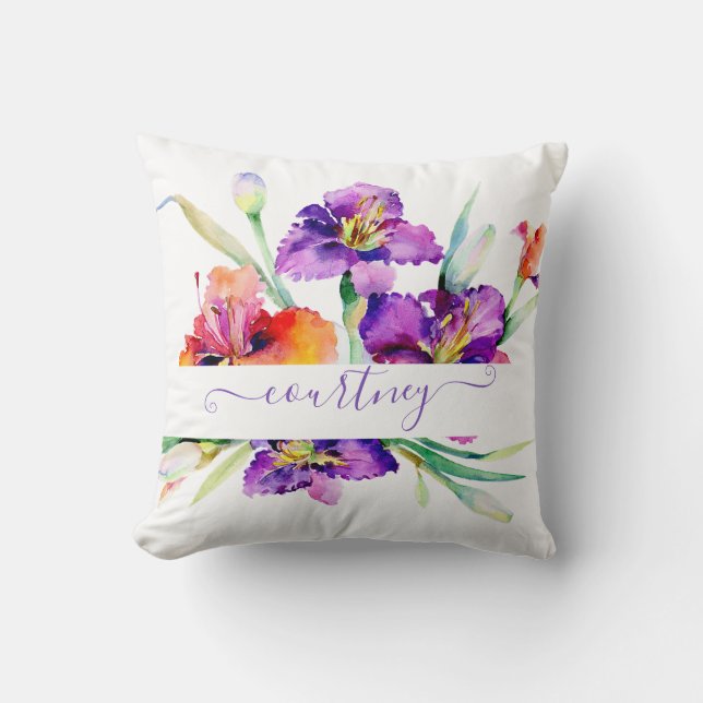 Paarse aquarel Iris gepersonaliseerd  Kussen (Voorkant)