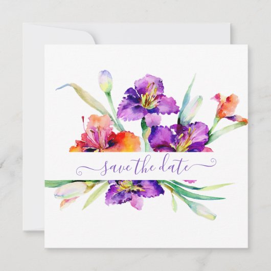 Paarse aquarel Iris gepersonaliseerd Save The Date (Voorkant)