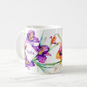 Paarse aquarel Iris gepersonaliseerde koffiemok (Voorkant links)