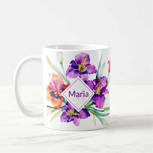 Paarse aquarel Iris gepersonaliseerde koffiemok (Links)