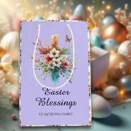 Paarse Aquarel Kruis Bloemen Christelijk Pasen Medium Cadeauzakje