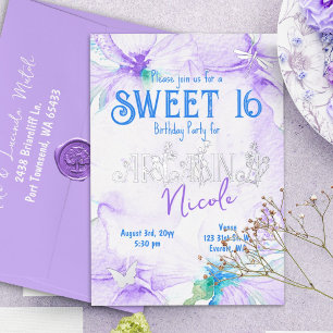 Paarse Aquarel Orchideeën Sweet 16 Folie Uitnodiging