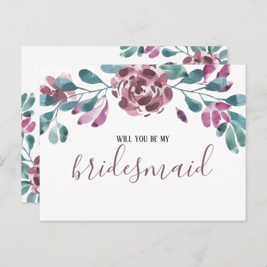 Paarse Aquarel Pioen Bruidsmeisje Uitnodiging (Voorkant / Achterkant)