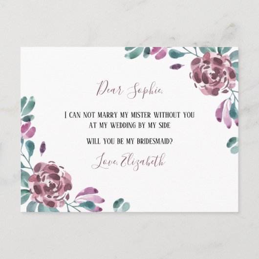 Paarse Aquarel Pioen Bruidsmeisje Uitnodiging (Achterkant)