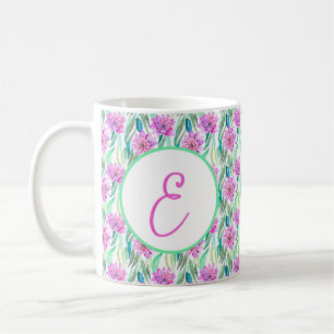 Paarse aquarel tropische bloemenpatroon monogram koffiemok