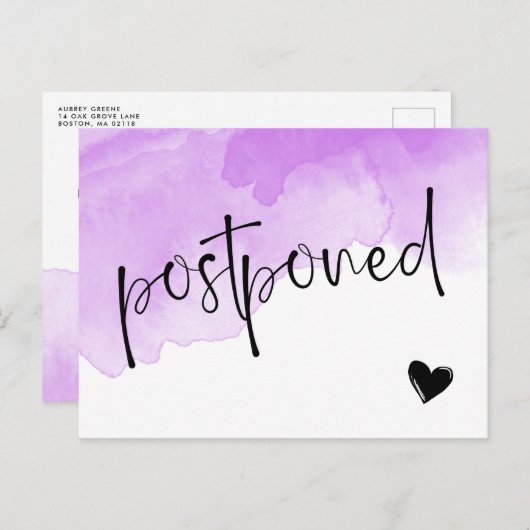 Paarse Aquarel Uitgestelde Bruiloft Aankondigingskaart (Voorkant / Achterkant)