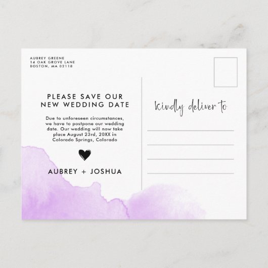 Paarse Aquarel Uitgestelde Bruiloft Aankondigingskaart (Achterkant)