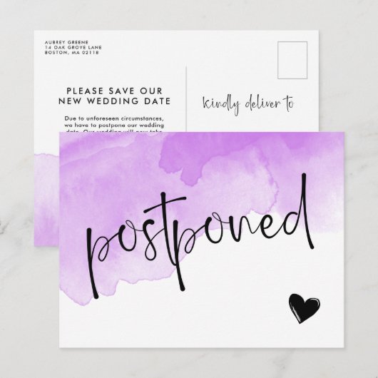 Paarse Aquarel Uitgestelde Huwelijk Aankondigingskaart (Voorkant / Achterkant)