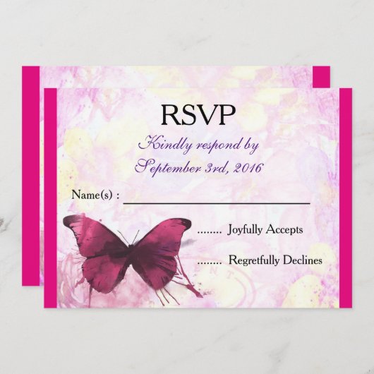 Paarse Aquarel Vlinder op Roze RSVP Kaart (Voorkant / Achterkant)