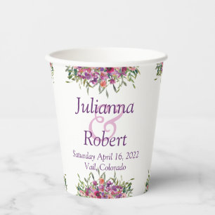 Paarse aquarel wilde bloemen bruiloft papieren bek bekers
