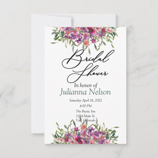 Paarse aquarel wilde bloemen uitnodiging (Voorkant)