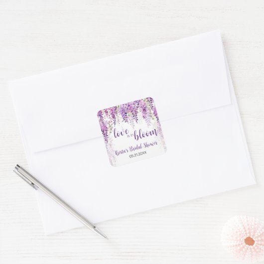 Paarse Aquarel Wisteria Bruidsdouche Vierkante Sticker (Envelop)