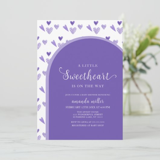 Paarse Arch Valentijn Little Sweetheat Baby shower Kaart (Staand voorkant)