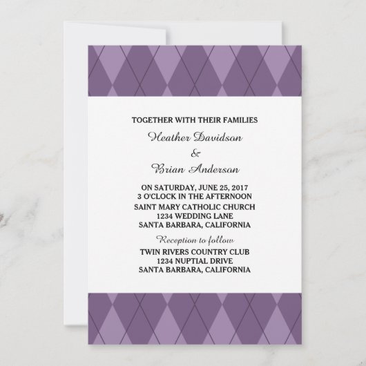 Paarse Argyle Wedding Invite Kaart (Voorkant)
