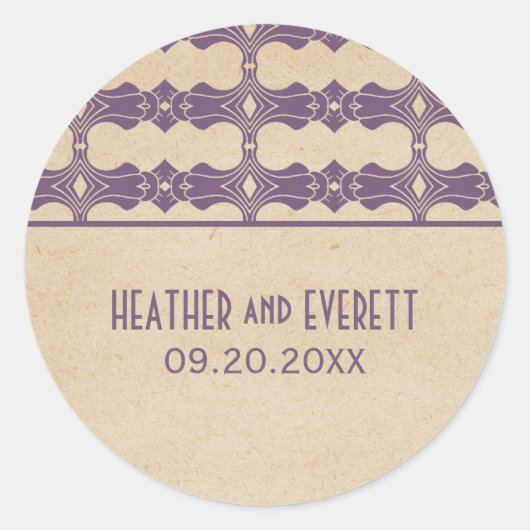 Paarse art Deco Border Weddenkers Ronde Sticker (Voorkant)