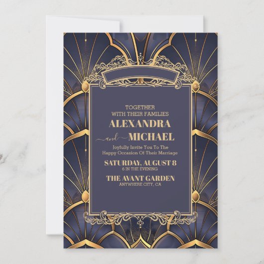 Paarse Art Deco bruiloft Kaart (Voorkant)